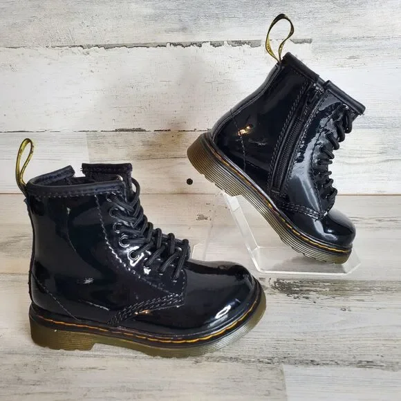 Dr. Martens 1460 T Black Lace Up Zip Patent Leather Combat Boots Toddler Size 8 - Picture 3 of 12